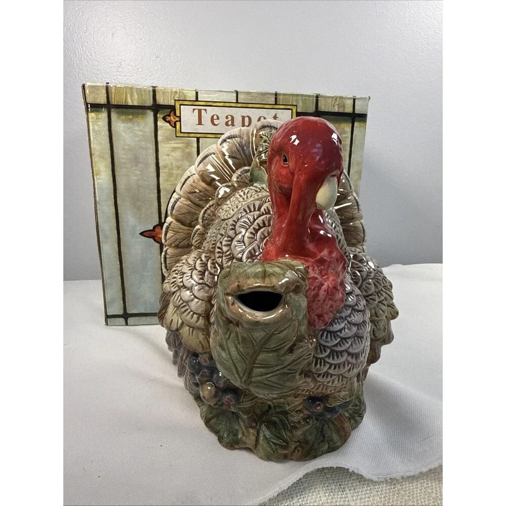 Vintage Ceramic Turkey Teapot Fall Foliage Thanksgiving  8” Pitcher Cottagecore